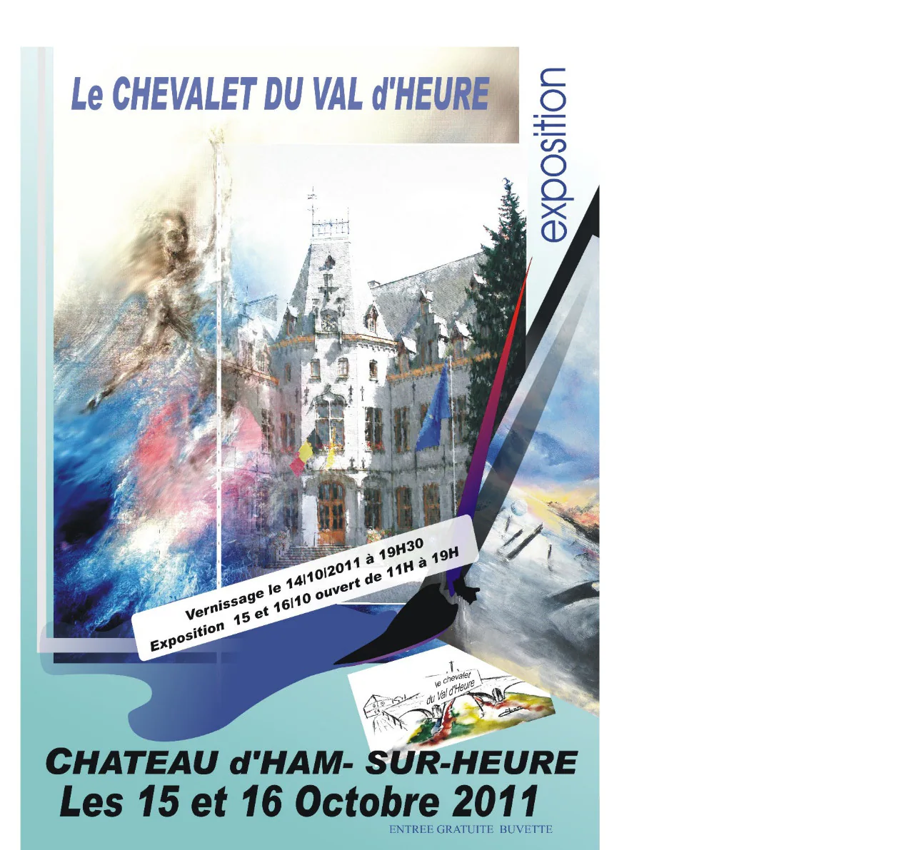 Affiche de l'exposition 2011, le château d'Ham-sur-Heure dans un tourbillon de couleurs.