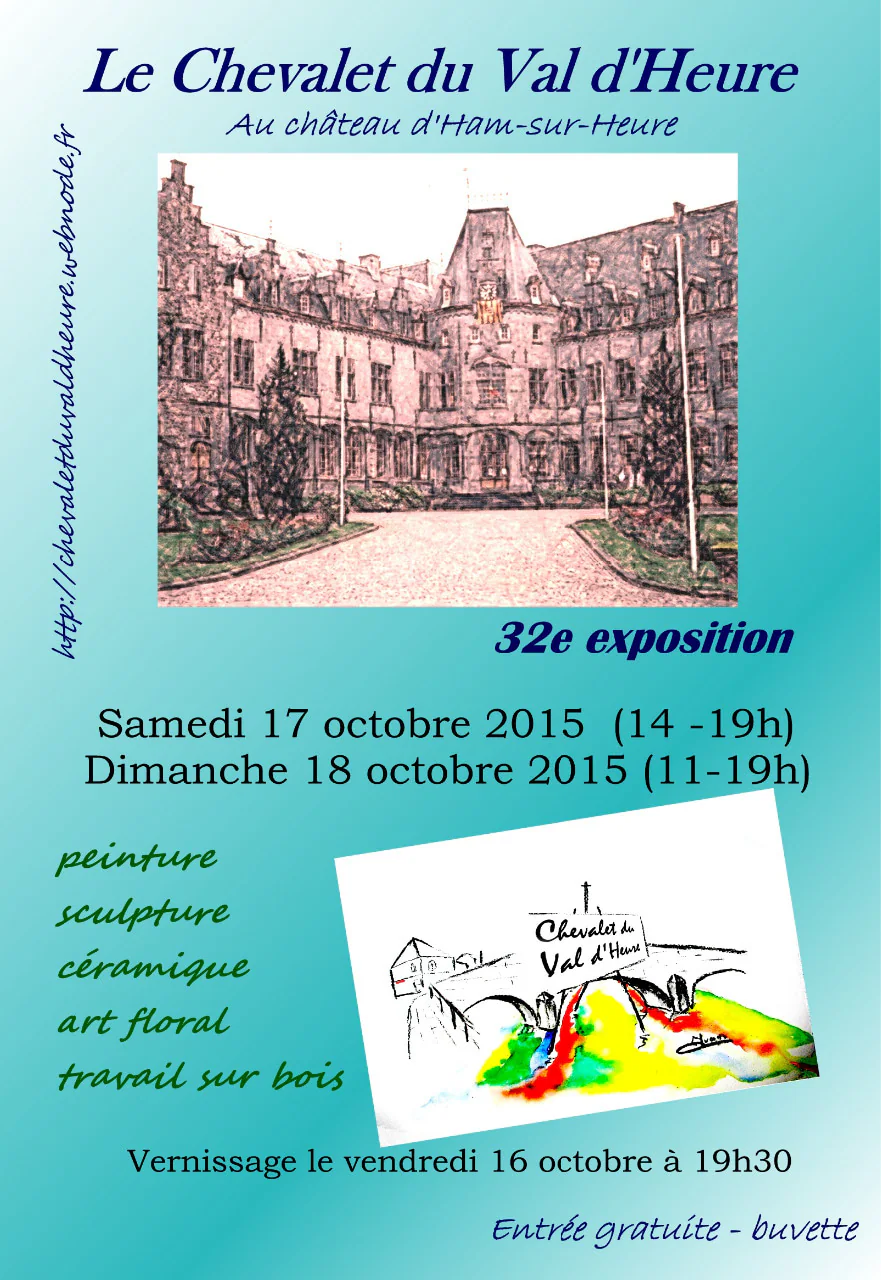 Affiche de la 32e exposition, le château d'Ham-sur-Heure dessiné en rose sur fond turquoise.