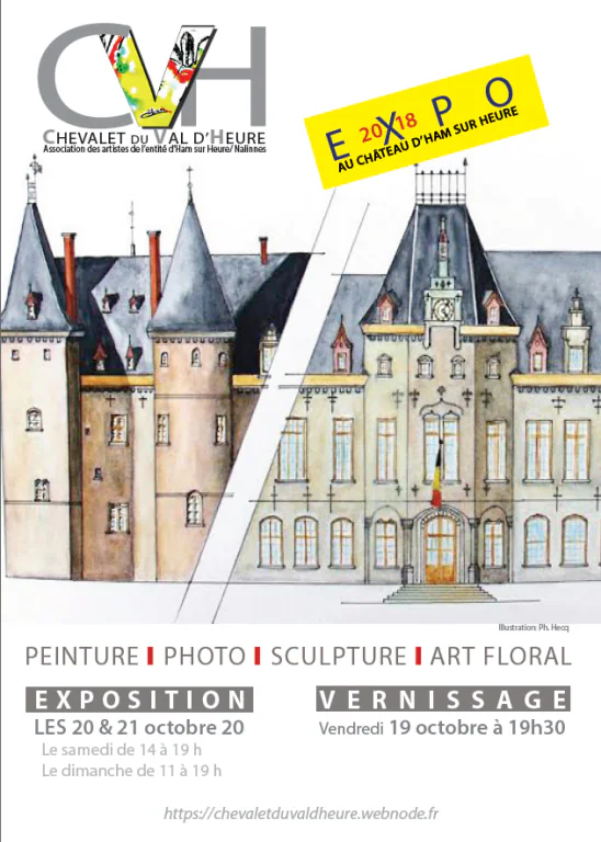 Affiche de l'exposition 2018, le château d'Ham-sur-Heure dessiné à l'aquarelle.