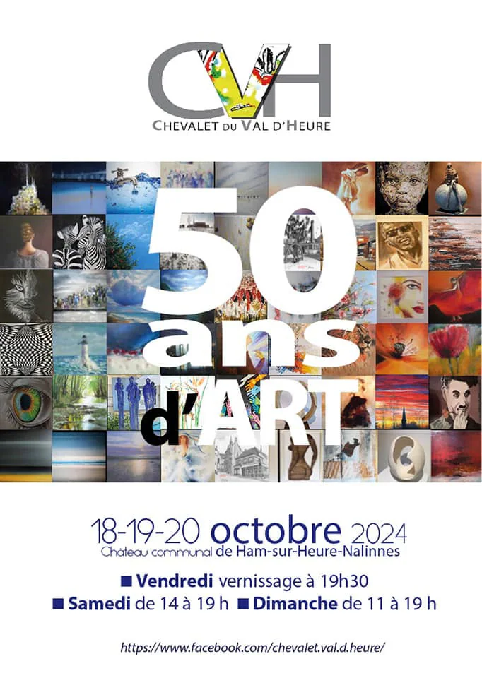 Affiche « 50 ans d'art », une mosaïque d'œuvres derrière le chiffre 50.
