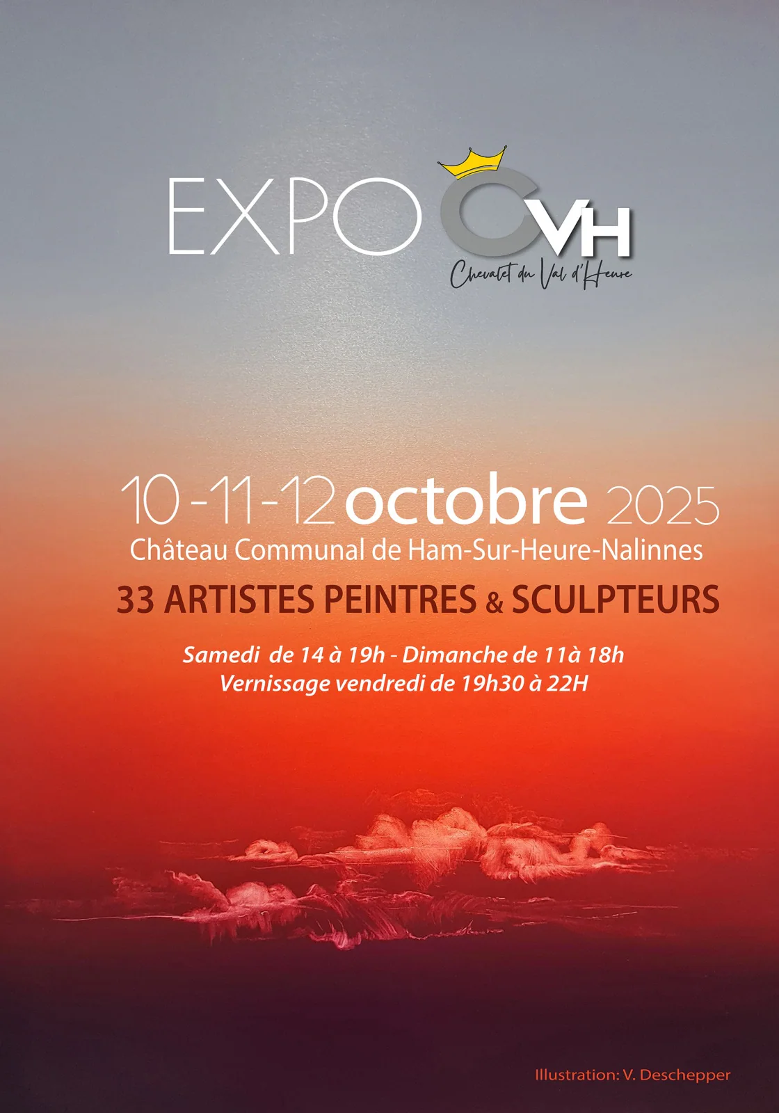Affiche de l'exposition 2025, un ciel gris qui vire au rouge au-dessus de nuages lumineux.