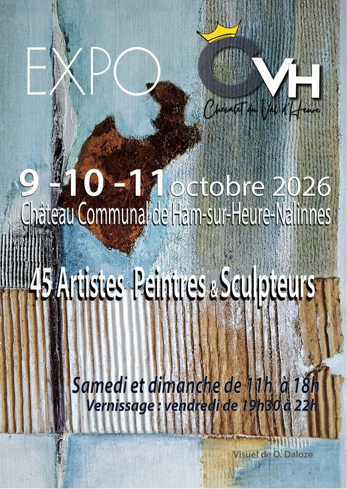 Affiche de l'exposition 2026, une toile texturée bleue et rouille, avec les dates du 9 au 11 octobre.