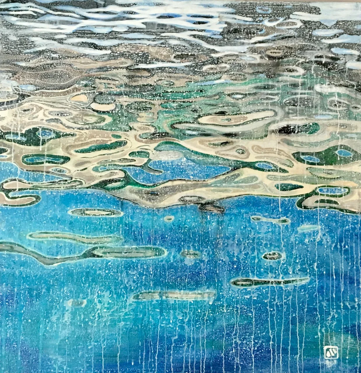 Peinture abstraite de reflets sur l'eau, en bleus, turquoises et ors.