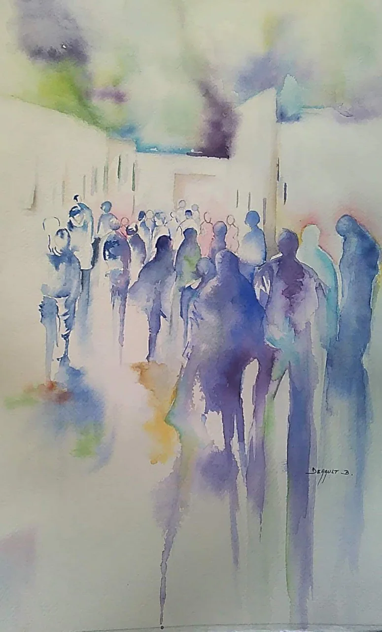 Aquarelle, une foule de silhouettes en bleus et violets.