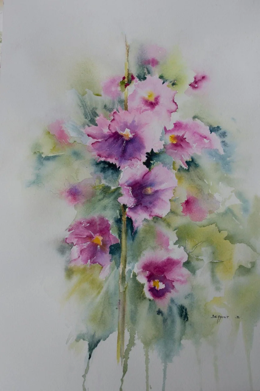 Aquarelle, un bouquet de fleurs roses et violettes.
