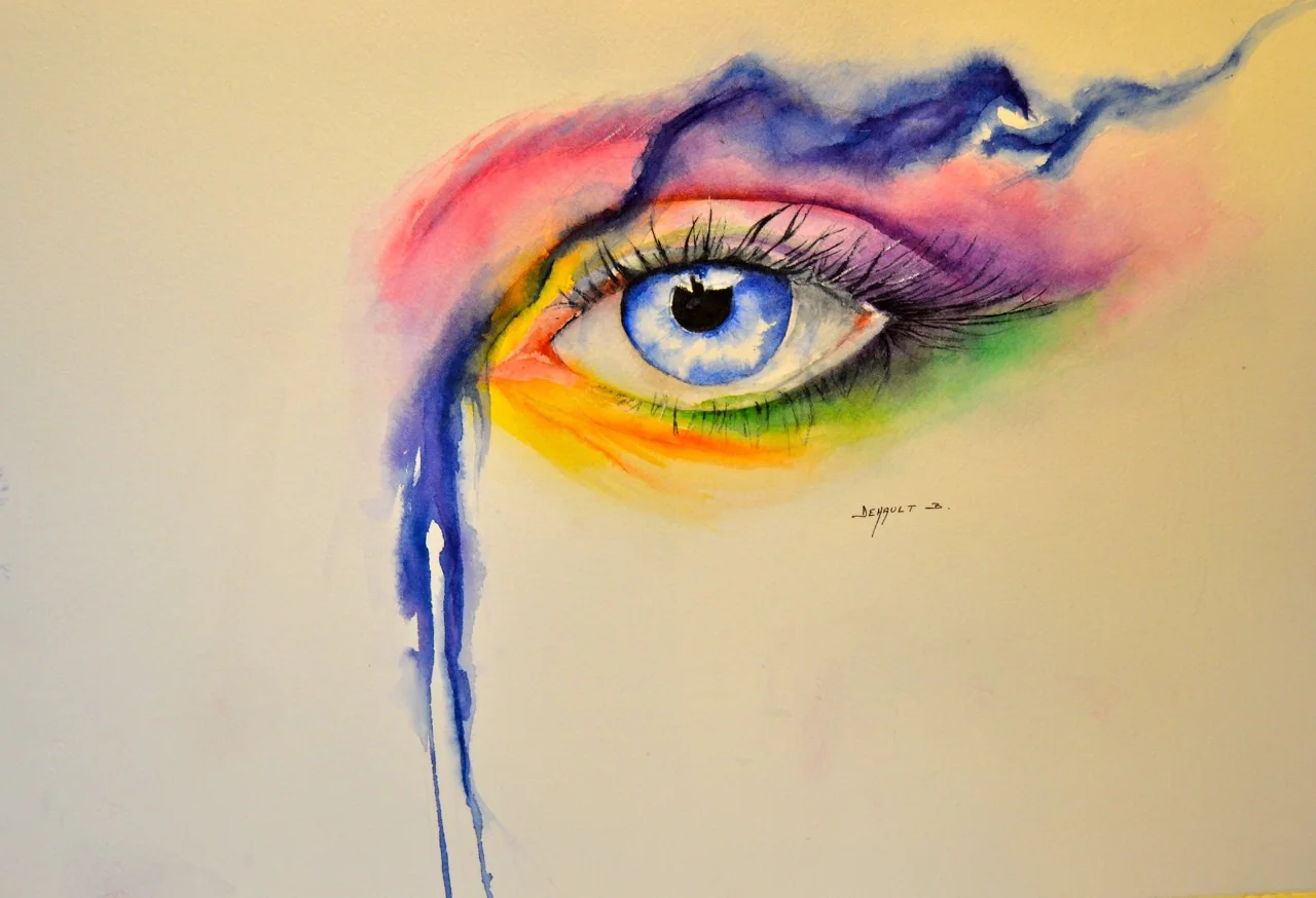 Aquarelle, un œil maquillé de couleurs vives.