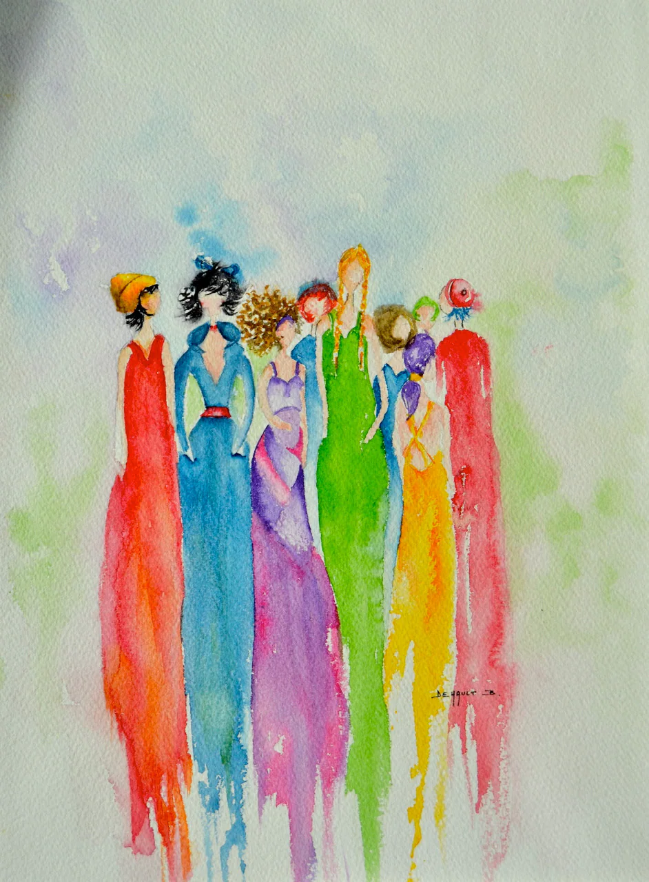 Aquarelle, une rangée de silhouettes aux couleurs de l'arc-en-ciel.