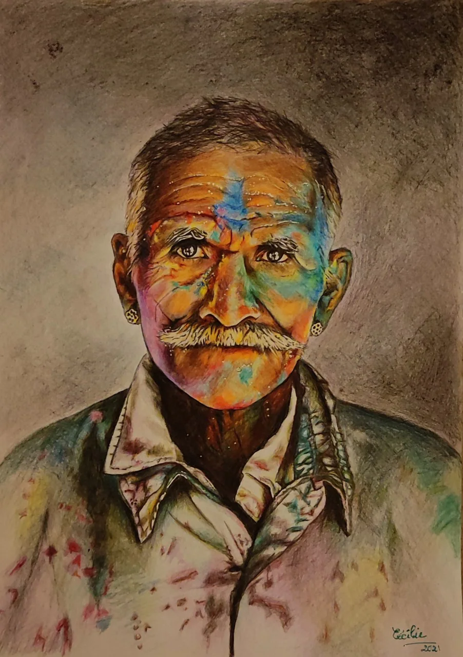 Portrait d'un vieil homme à la moustache blanche.