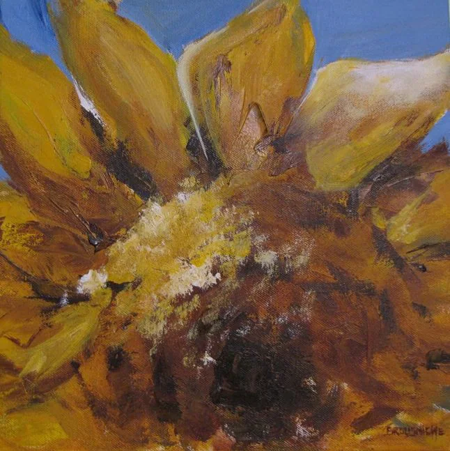Le cœur d'un tournesol, en touches épaisses jaunes et brunes.