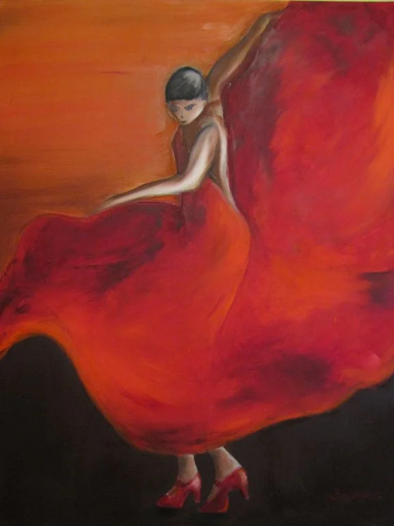 Une danseuse en robe rouge qui tourne, sur fond sombre.