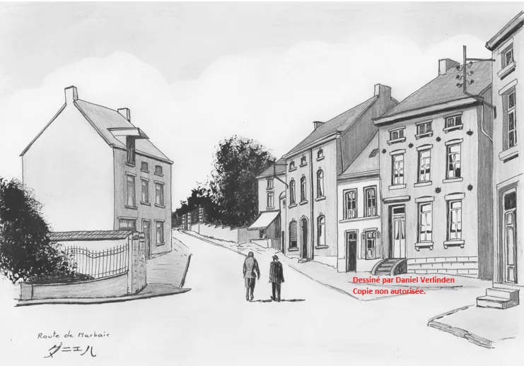 Dessin au crayon, une rue de village bordée de maisons.