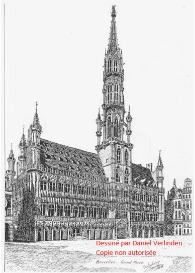 Dessin au crayon, un hôtel de ville gothique à haute tour.