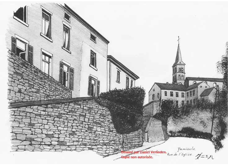Dessin au crayon, des maisons et un mur de pierre.