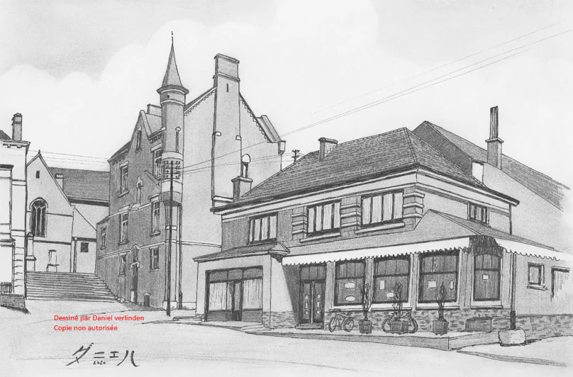 Dessin au crayon, une place avec ses maisons et son église.