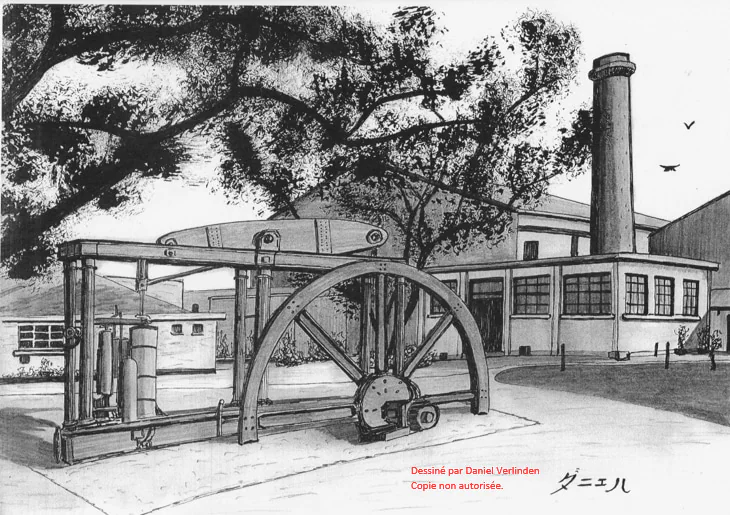 Dessin au crayon, un ancien moulin et sa roue.