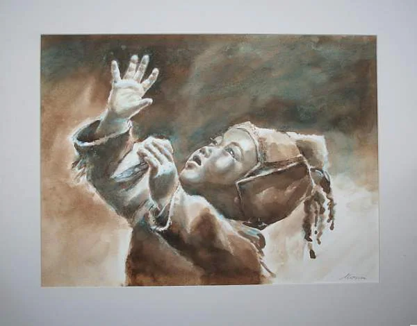 Deux mains qui se tendent, dessin sépia.