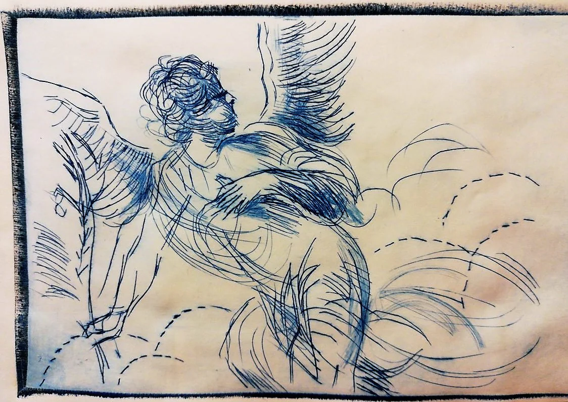 Une figure ailée dessinée à l'encre bleue.