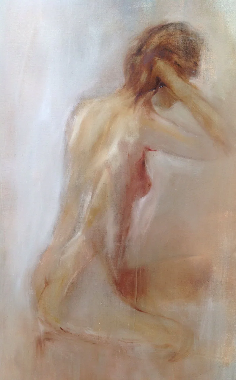 Une femme penchée, aux tons pâles.