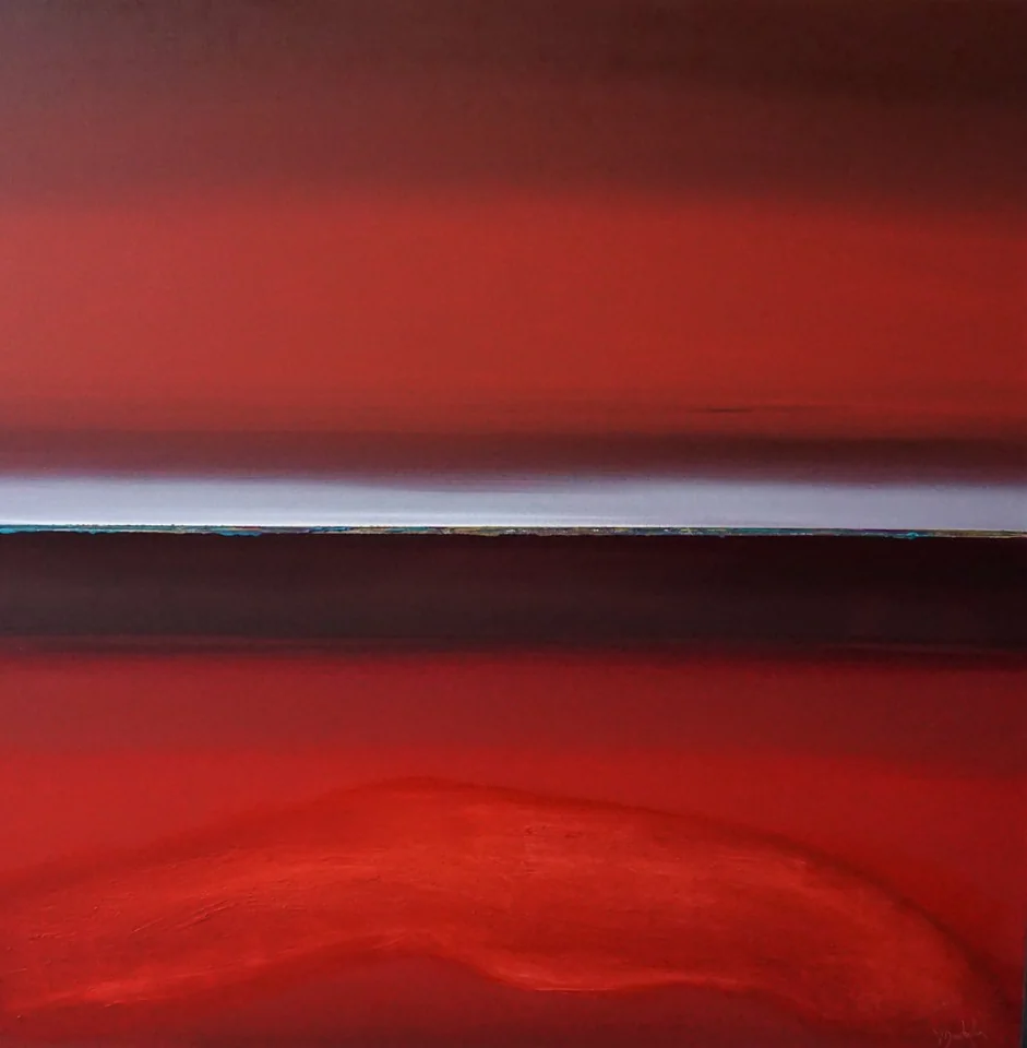 Un horizon rouge barré d'une ligne claire.