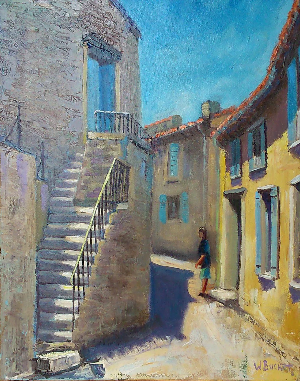 Une ruelle ensoleillée et son escalier de pierre.