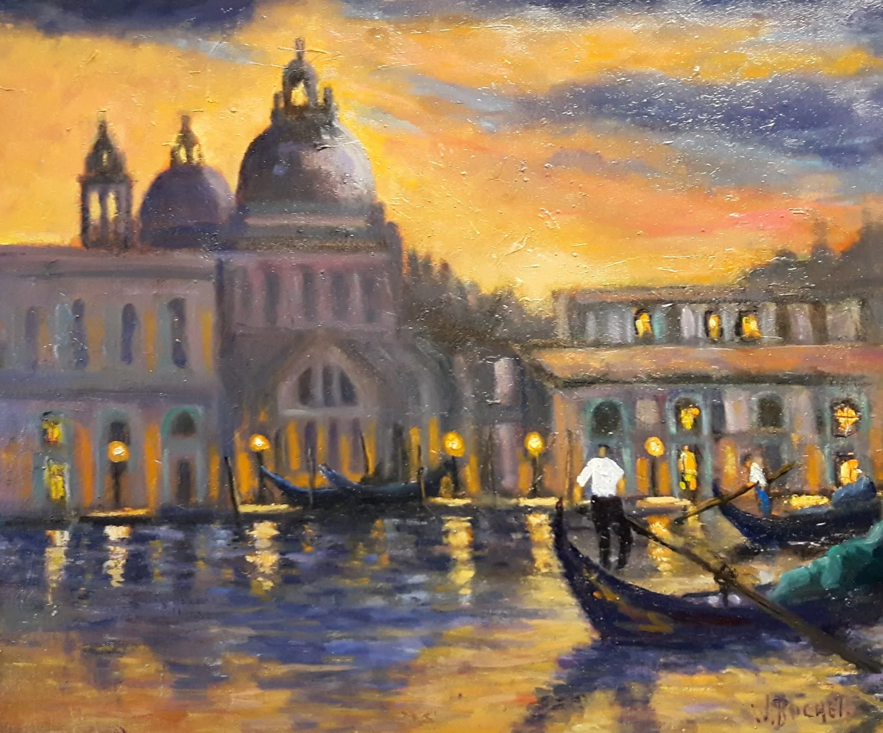 Venise au soleil couchant, gondoles et coupoles dorées.