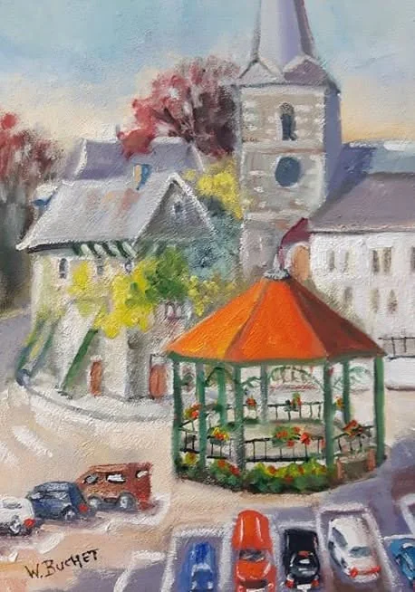 Un kiosque de village entouré de voitures, sous un ciel d'automne.